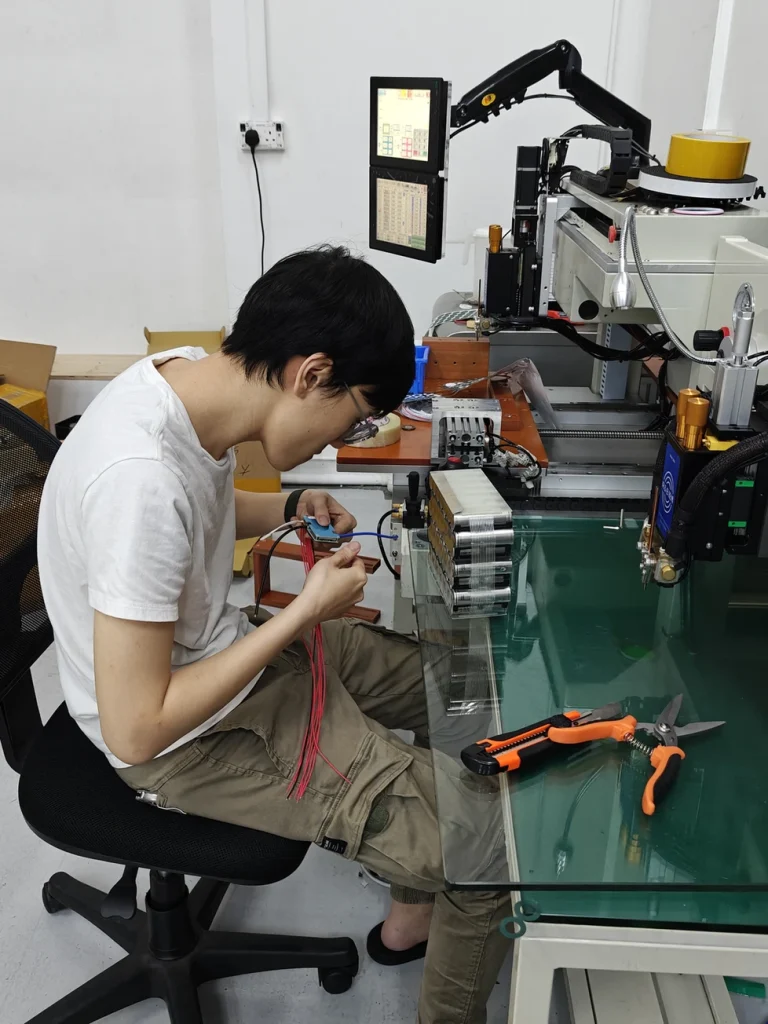 A builder working on thin red wires at a soldering bench, with a robotic arm and screens behind.