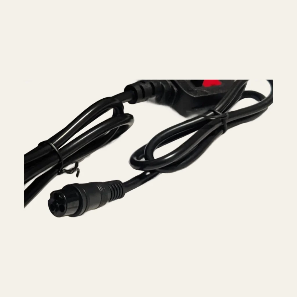 Close view of charger cable and round three-pin connector
