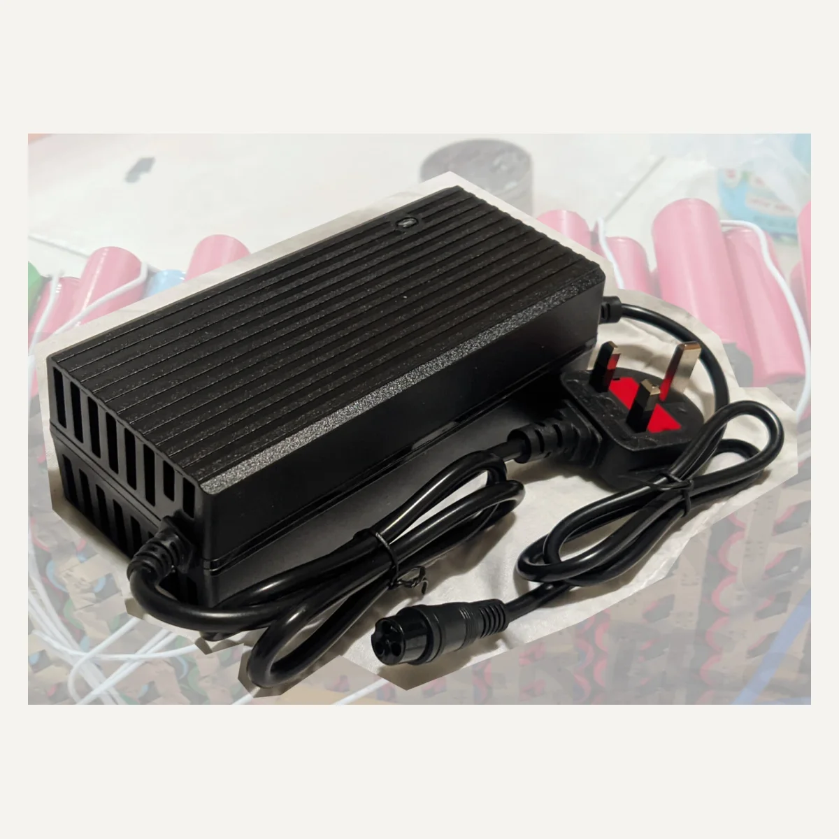 A black charger with bundled cables and a round output connector.