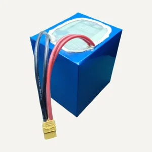 Example blue-wrapped cube-shaped battery pack with heavy leads and a yellow XT90-type plug.
