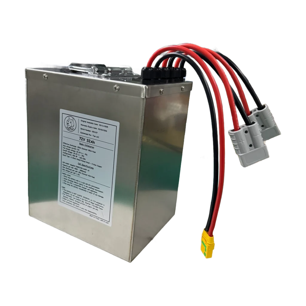 Example stainless-steel rectangular battery box with dogeTune label, carry handle, cable glands and multiple plugs.