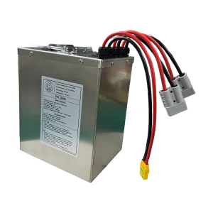 Example stainless-steel rectangular battery box with dogeTune label, carry handle, cable glands and multiple plugs.