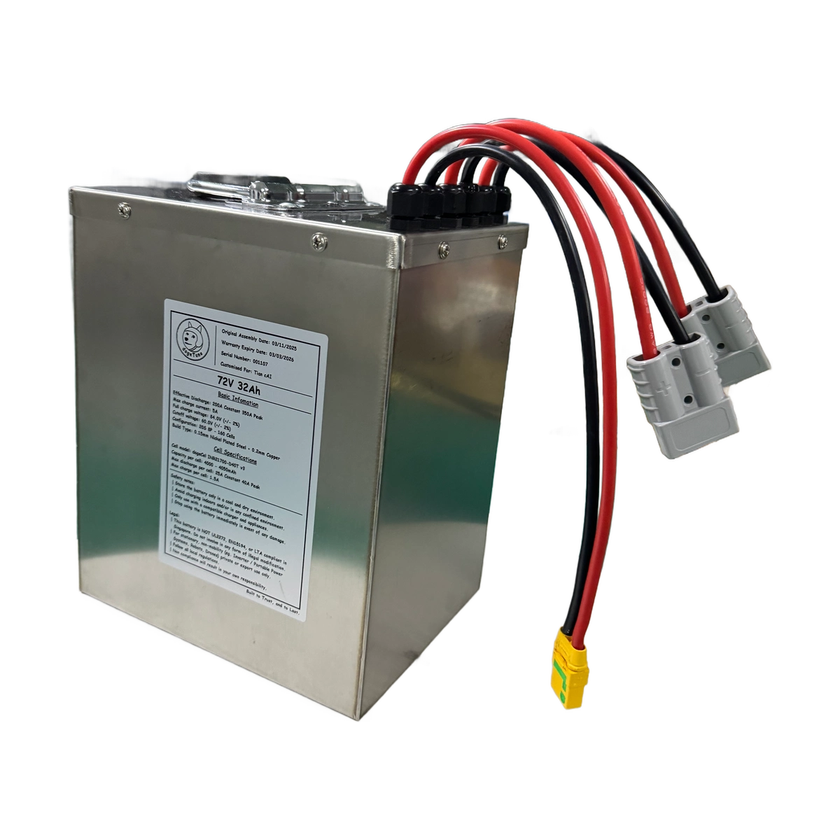 Example stainless-steel rectangular battery box with dogeTune label, carry handle, cable glands and multiple plugs.