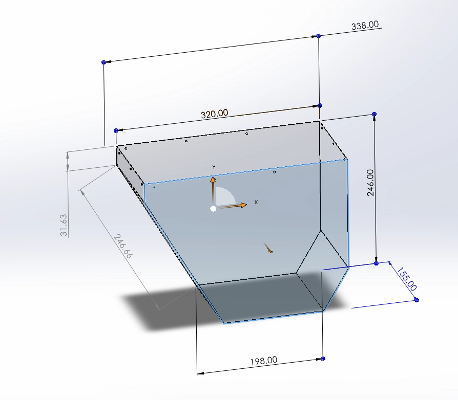 Dimensioned CAD illustration of a tapered battery enclosure.