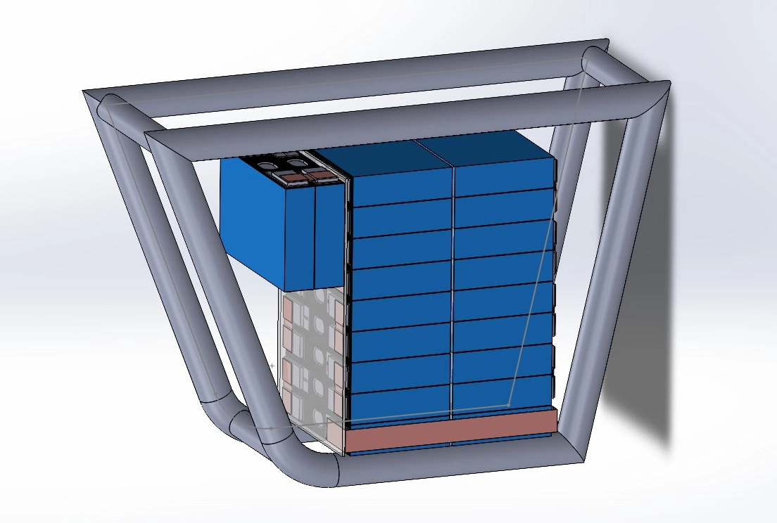 CAD illustration of a battery layout within a tubular frame.