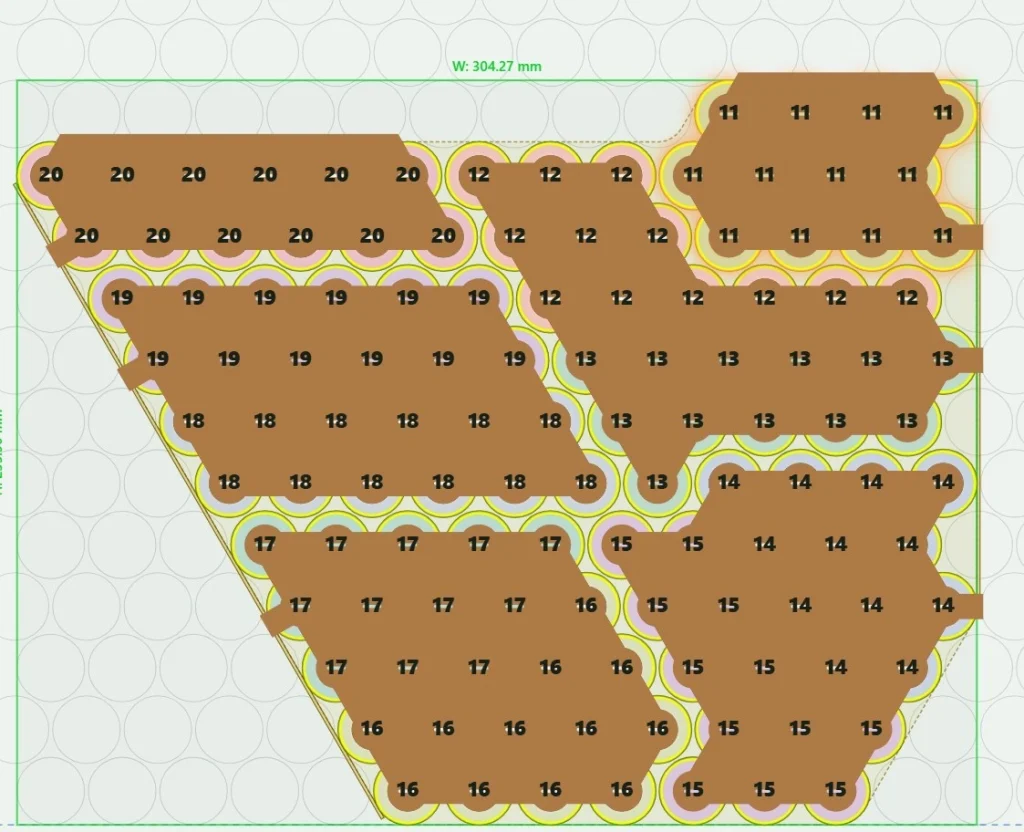 V-shaped layout in DogeTune Builder, groups 11 to 20 shown.
