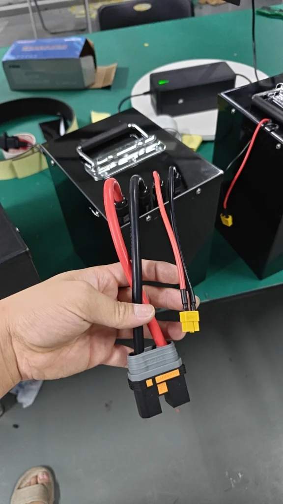 A hand holds the two cable leads from a black battery case so both connectors are visible.
