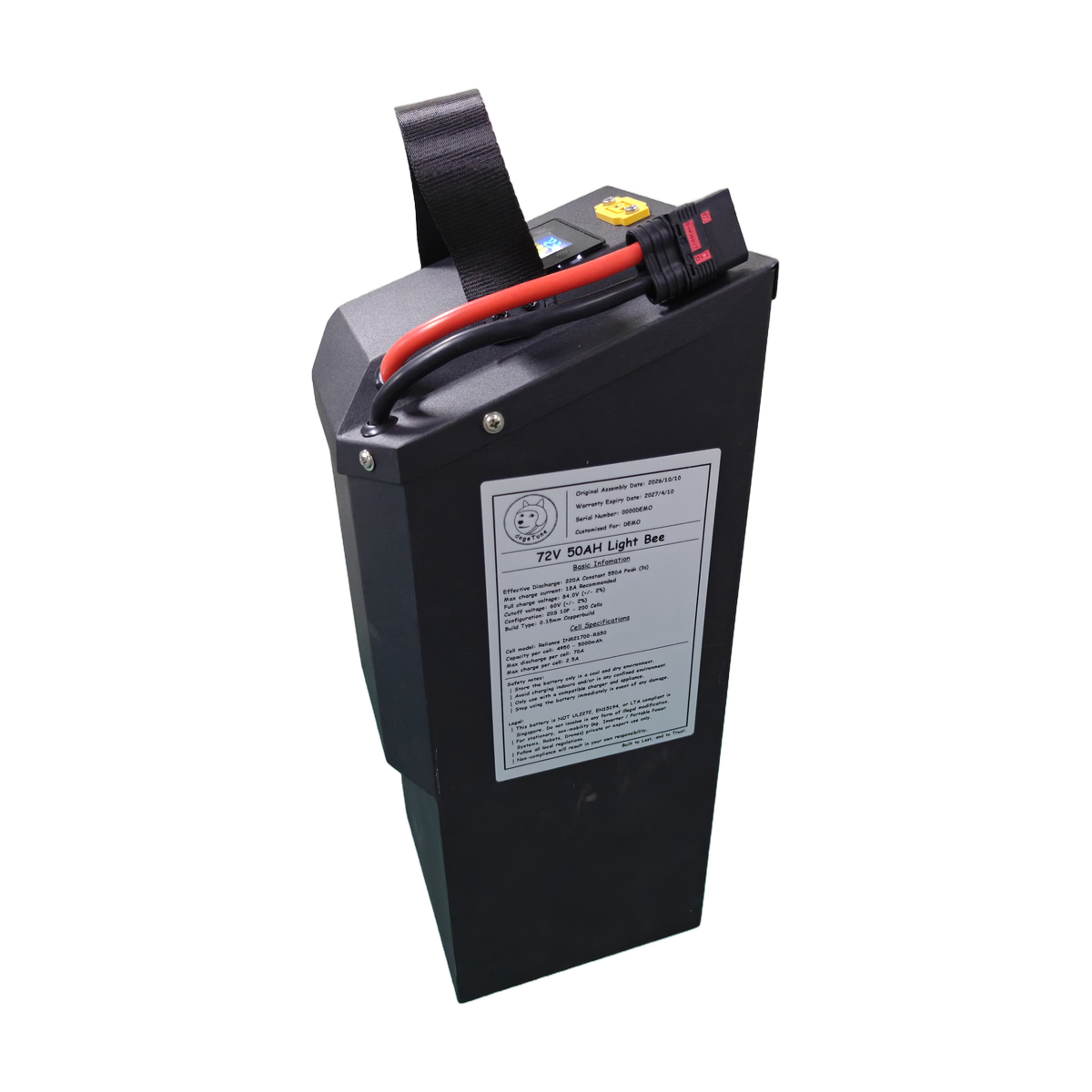 DogeTune Light Bee battery with branded label, carry strap and external leads