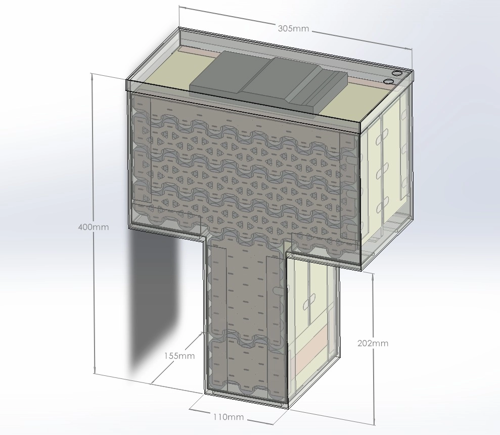 CAD illustration of a T-shaped pack with dimensions for its wide upper section and narrow lower section.