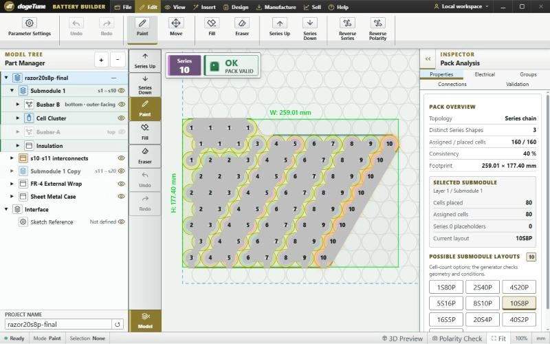 DogeTune Builder showing one sloped Razor 10S8P module marked Pack valid