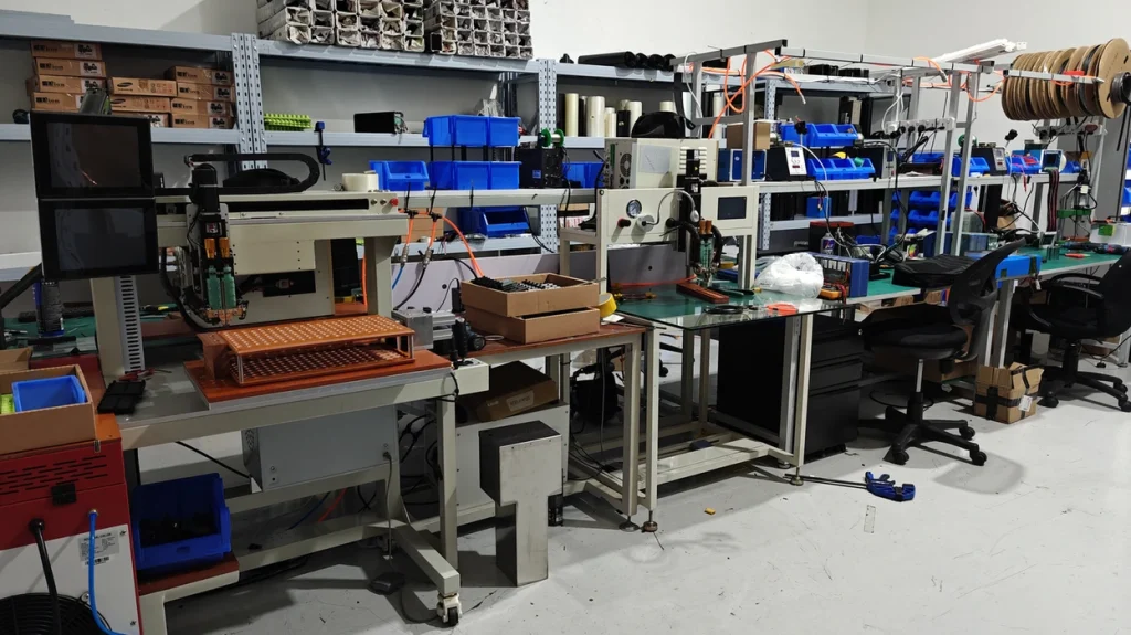 Battery workshop benches with equipment, shelving and blue parts bins from the Horizon archive.