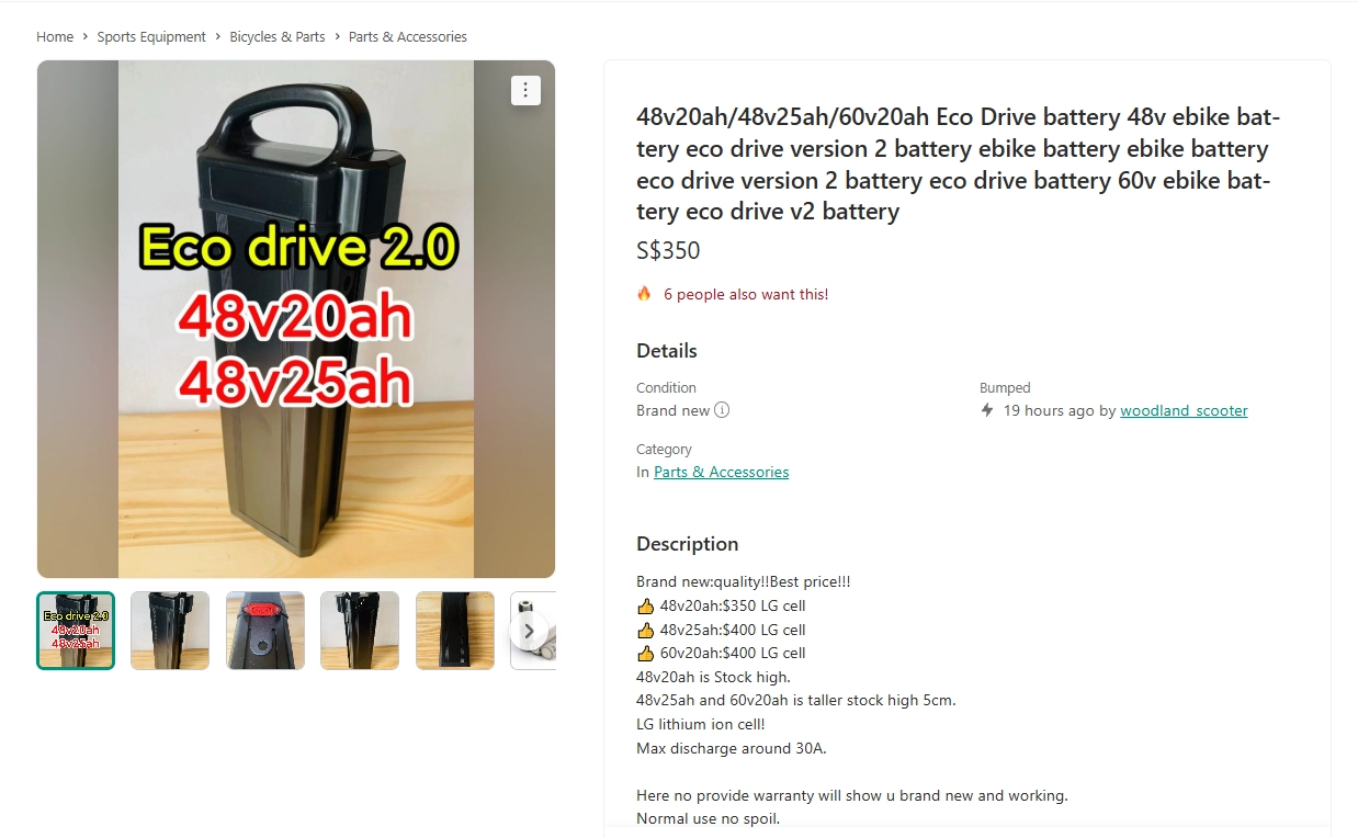 Listing screenshot with seller handle woodland_scooter, product photo and advertised description.