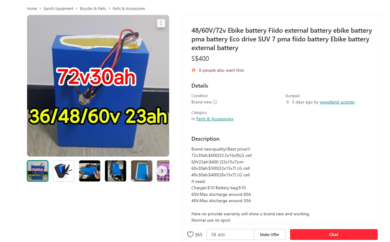 Listing screenshot with seller handle woodland_scooter, product photo and advertised description.