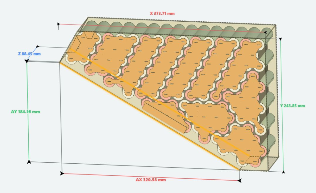 Triangle Profile20S6P CAD cutaway with dimensions and sloped-edge offsets in millimetres