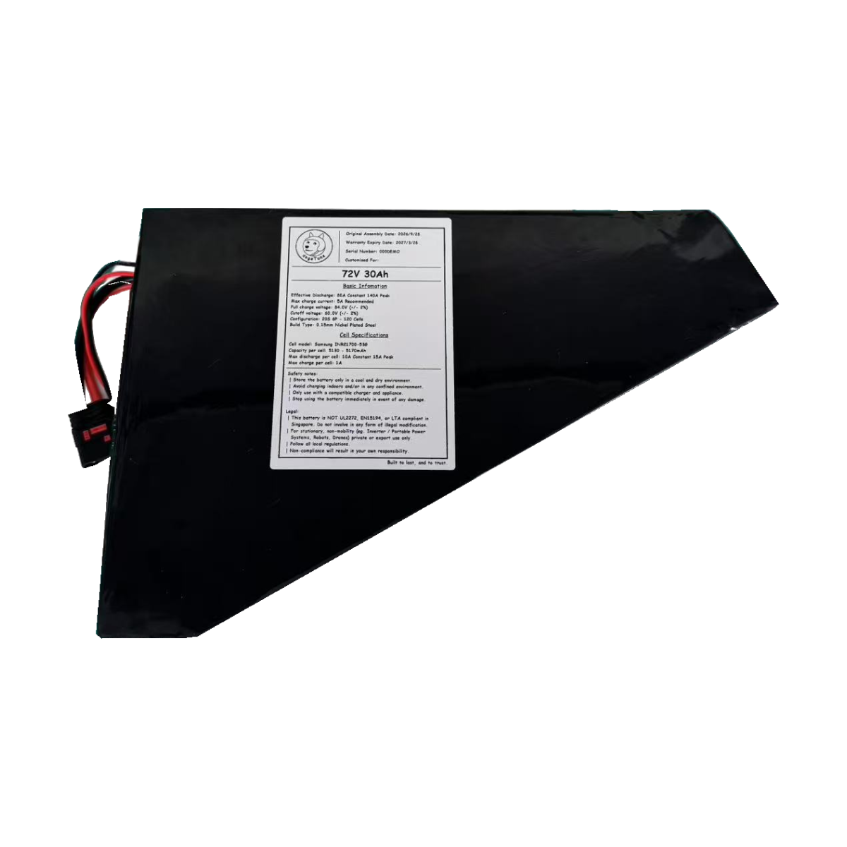 Black-wrapped triangular conversion battery with original label and leads on a transparent background