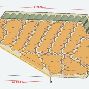 TriHepta20S6P CAD cutaway with cell layout and dimensions in millimetres