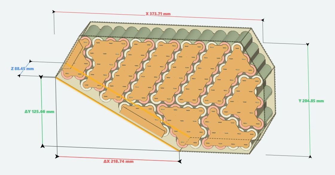 TriHepta20S6P CAD cutaway with cell layout and dimensions in millimetres