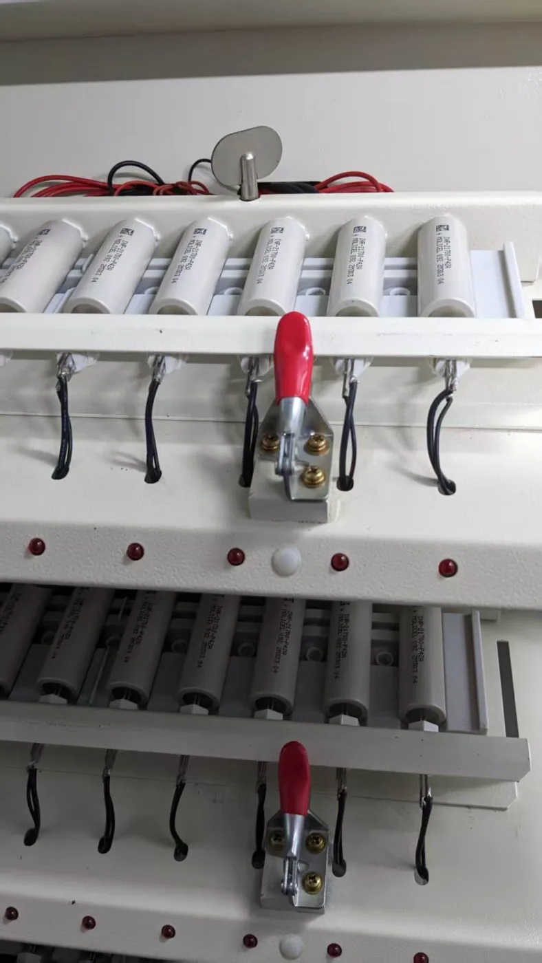 Battery cells arranged during workshop inspection